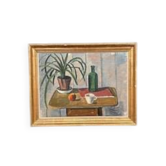 Huile suédoise sur toile – « Plante en pot et bouteille verte » par Åke Winnberg – 1946 – Vintage et encadrée