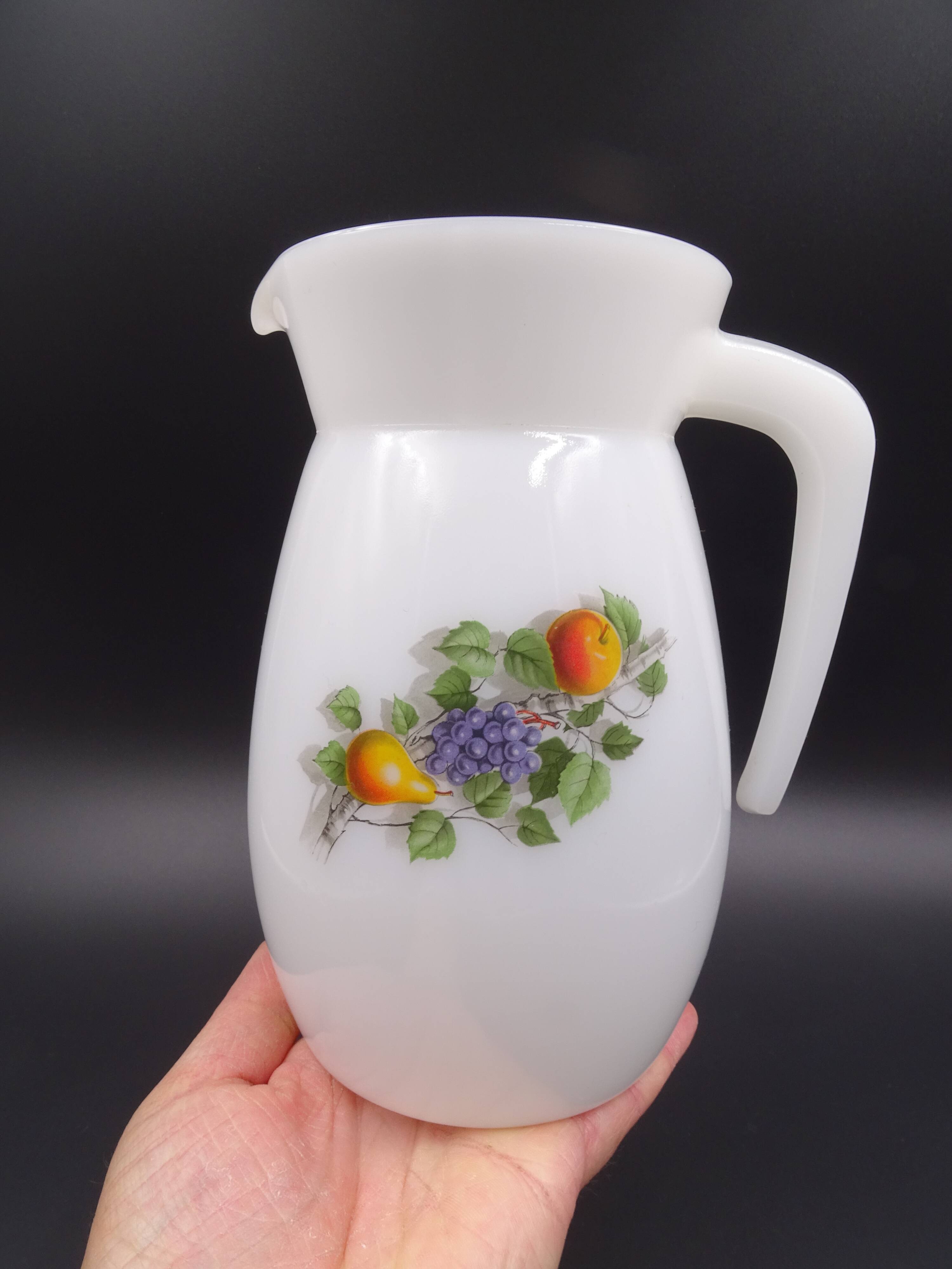Pitcher or broc in opaline Arcopal fruit décor 1970
