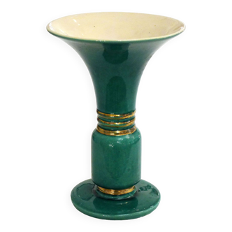 Art Deco green & gold trumpet vase