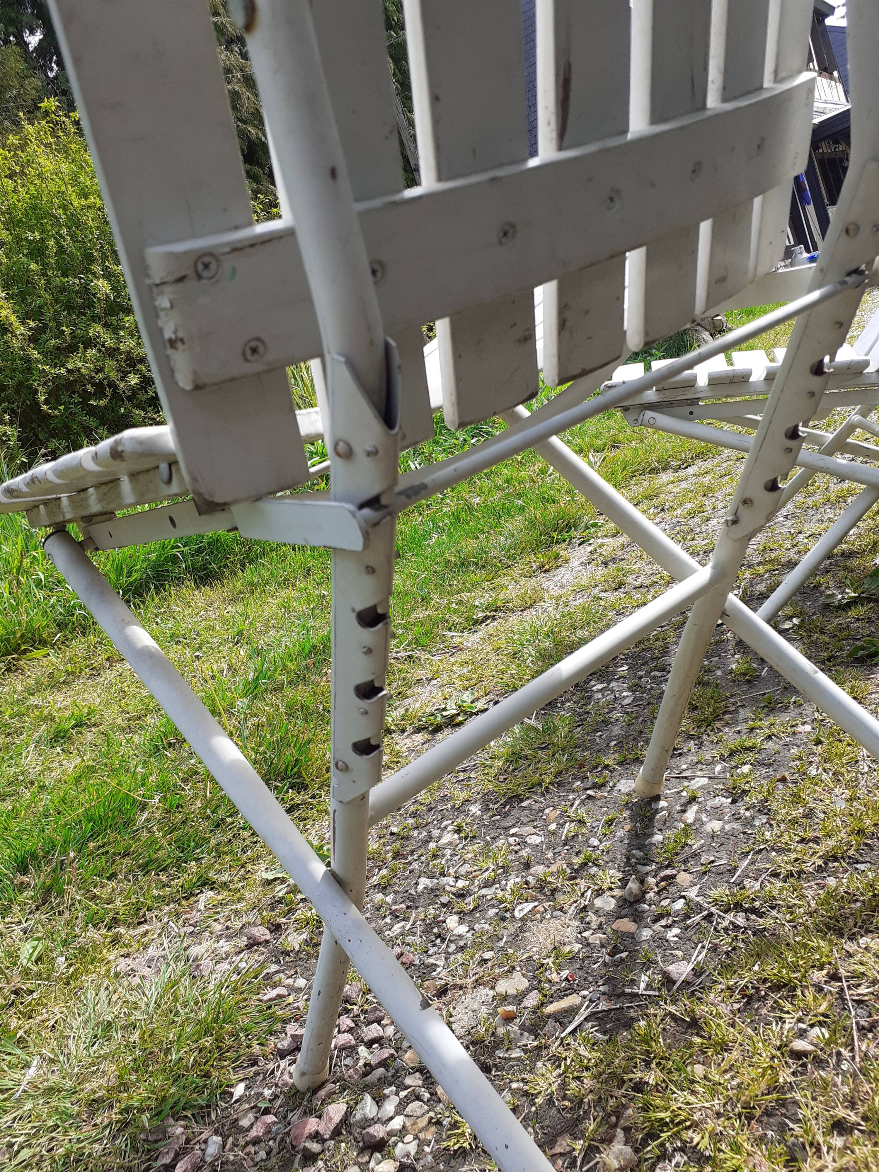 Pair of iron and old wood garden chairs