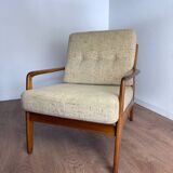 Vintage 80s Scandinavian armchair – wood and beige tweed