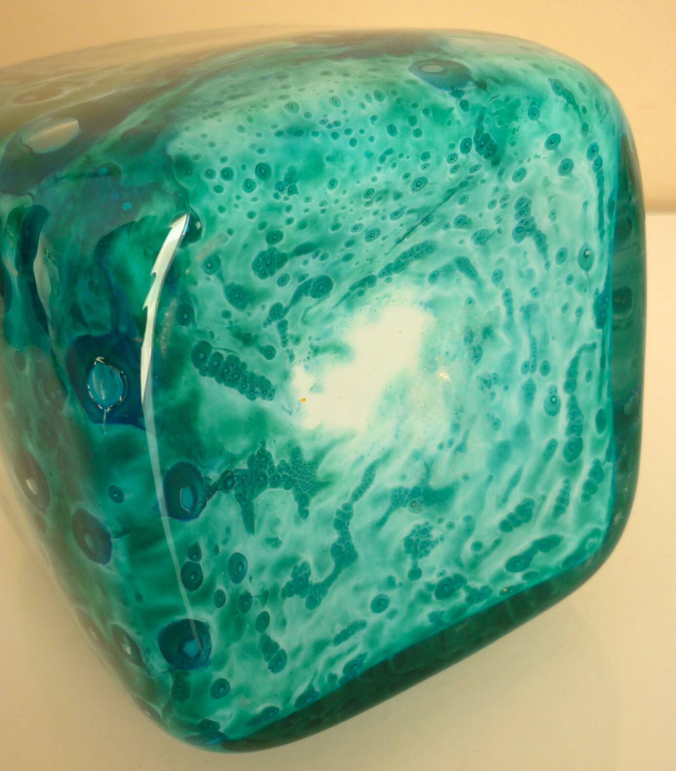 White multi-layer blown glass bottle vase with blue and green inclusions