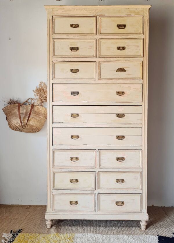 Meuble de métier, de mercerie - commode haute patinée