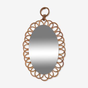 Oval mirror in rattan, 60s - 38x27cm