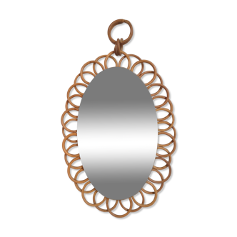 Oval mirror in rattan, 60s - 38x27cm