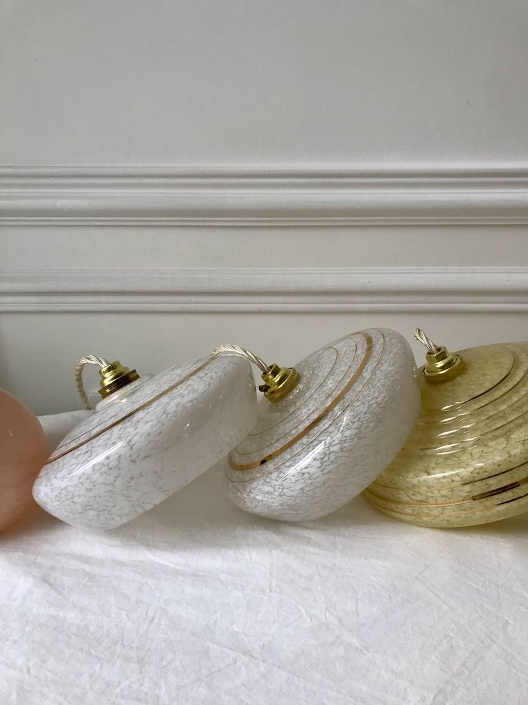 Pair of suspensions in white Clichy glass and golden edging 40s-50s