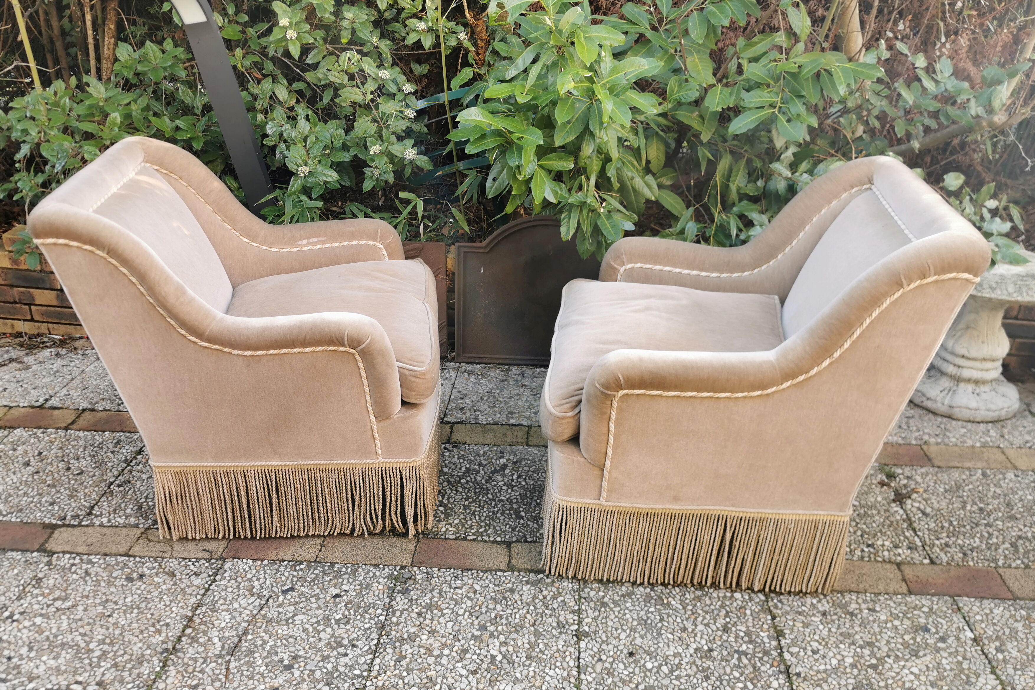 Pair of vintage armchairs, beige velvet