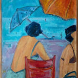 Painting "beach in hendaye" hst marcelle guetta-fattal (1922-2009) fauvism cubime