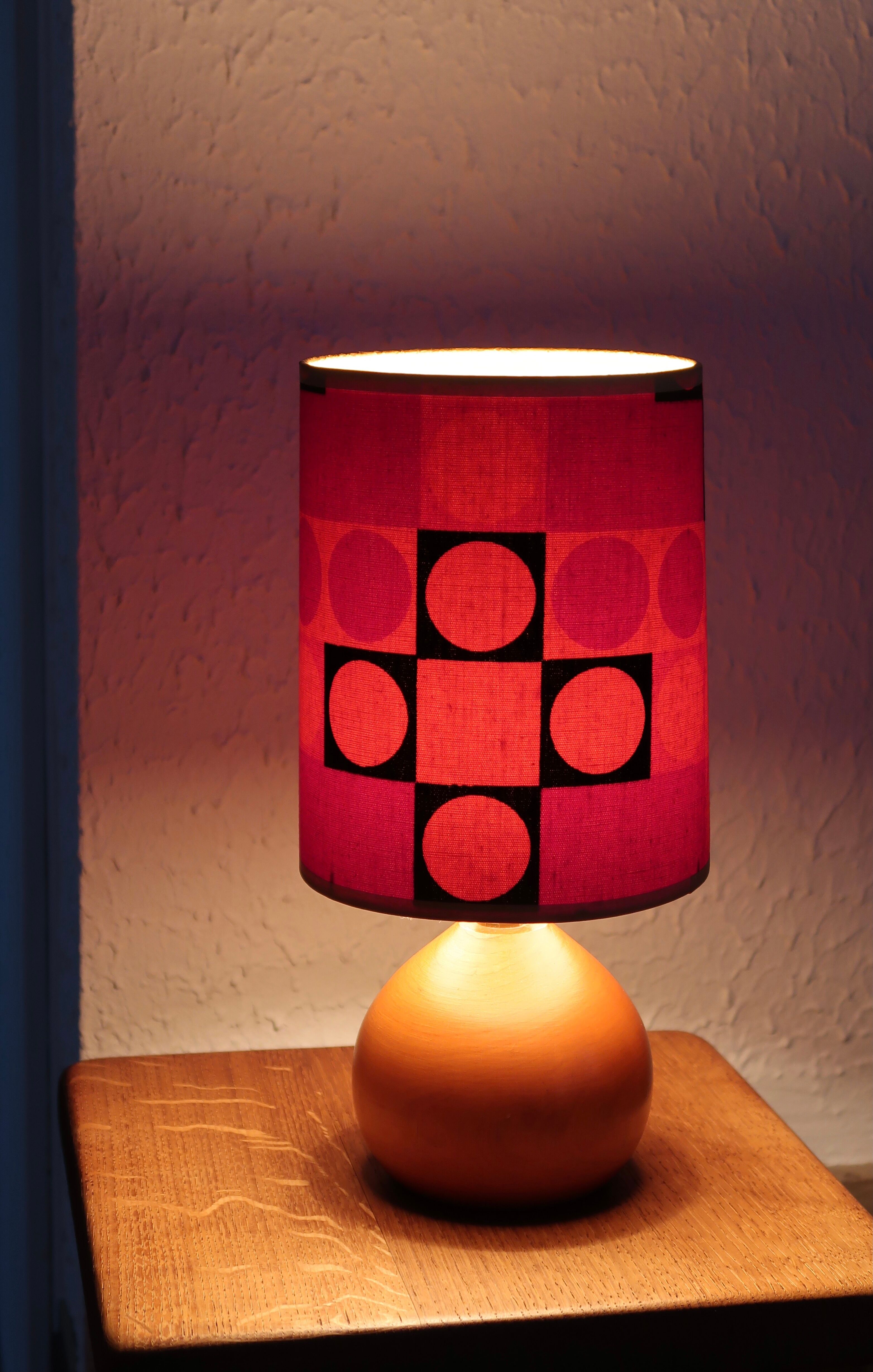 Wooden lamp, lampshade graphic fabric, 70s