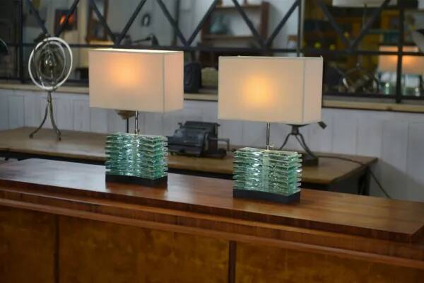 Pair of brutalist lamps in raw glass and beige shades, 1960s