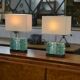 Pair of brutalist lamps in raw glass and beige shades, 1960s