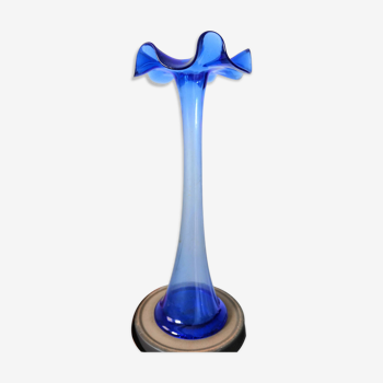 Vase bleu cobalt vintage bord onduler - verre souffle