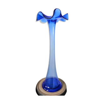 Vase bleu cobalt vintage bord onduler - verre souffle