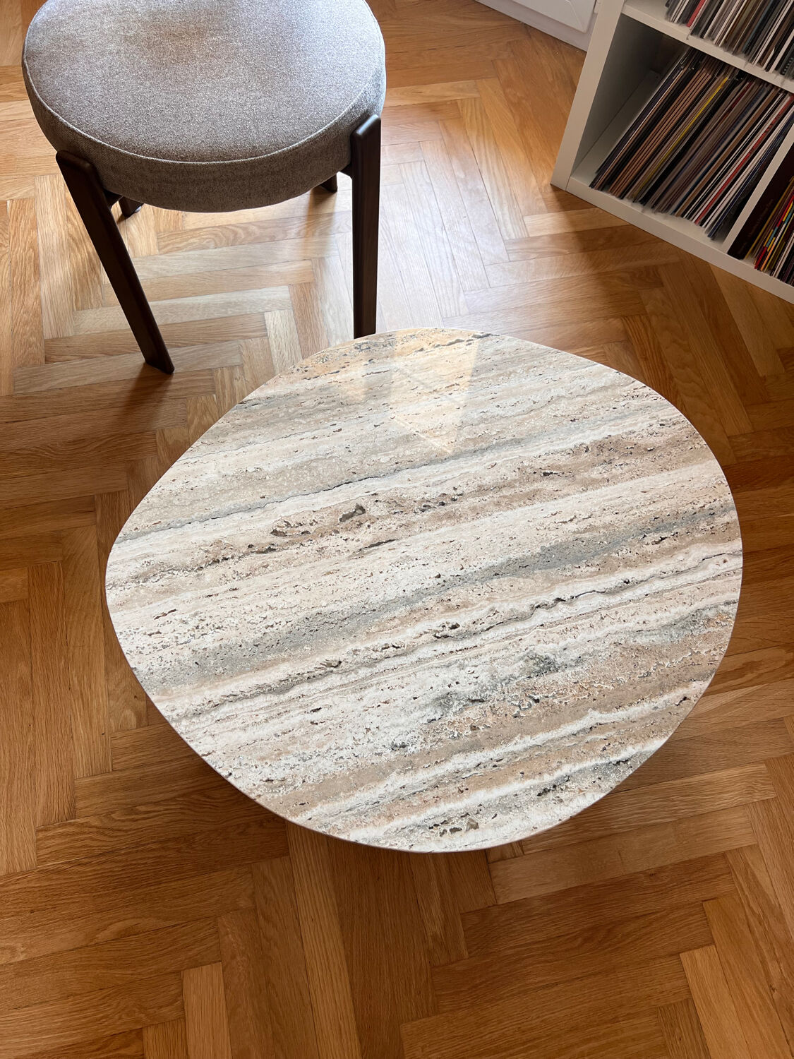 Organic coffee table in travertine.
