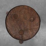 Brutalist French solid oak tripod stool with metal rim, 1850s