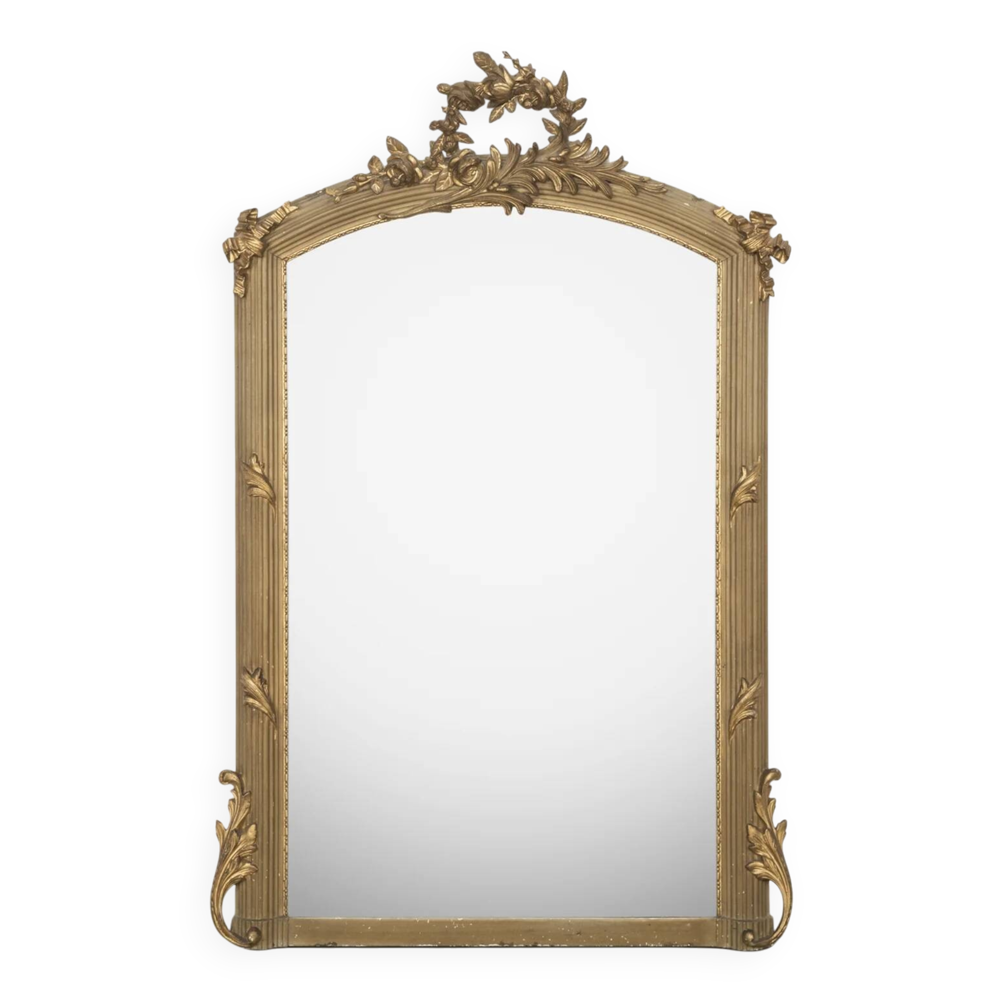 19th C antique French Louis XVI mirror with leave crest