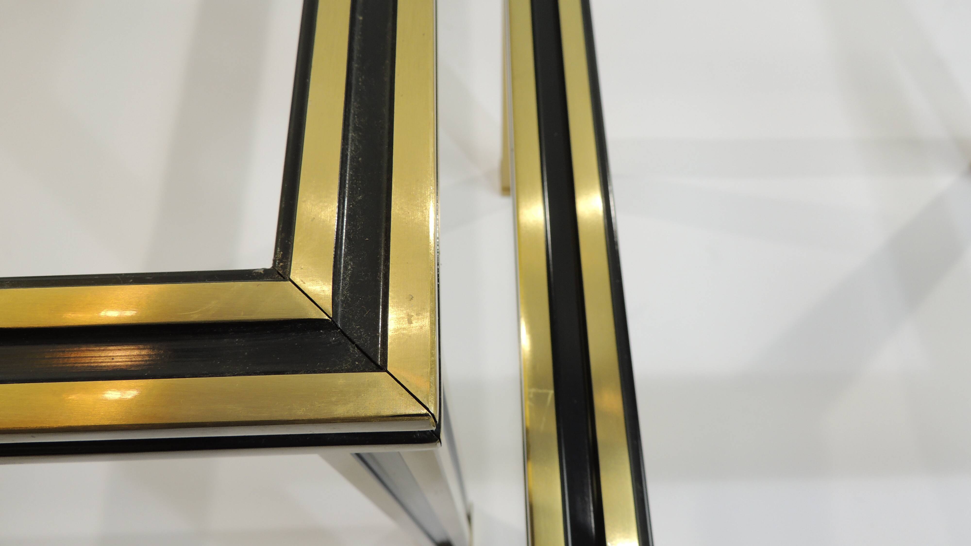 Set of Nesting Coffee Tables in Gold Metal & Beveled Glass by Pierre Vandel