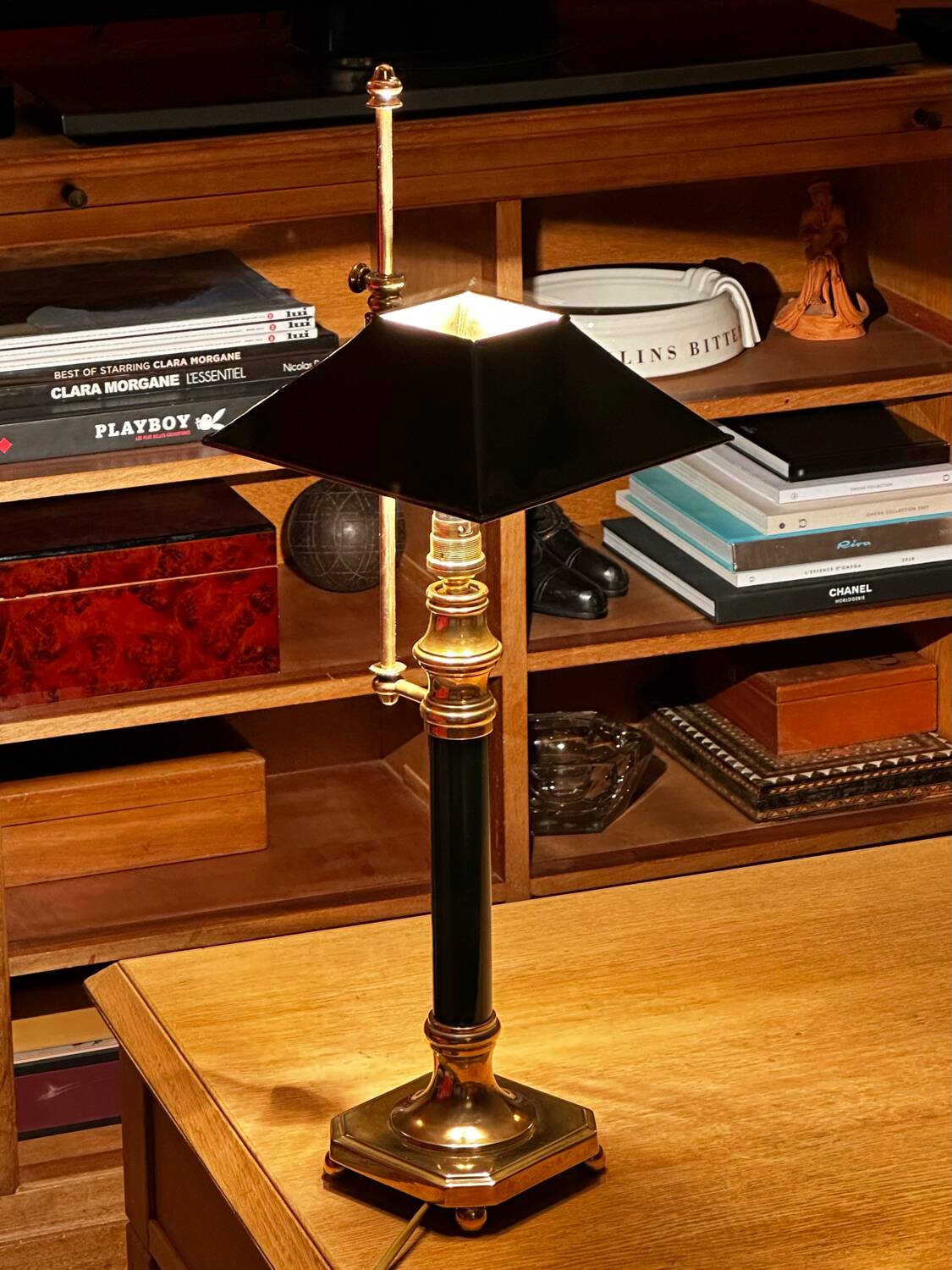 Large Empire Bouillotte Lamp in Brass and Lacquered Sheet Metal Restored - H6