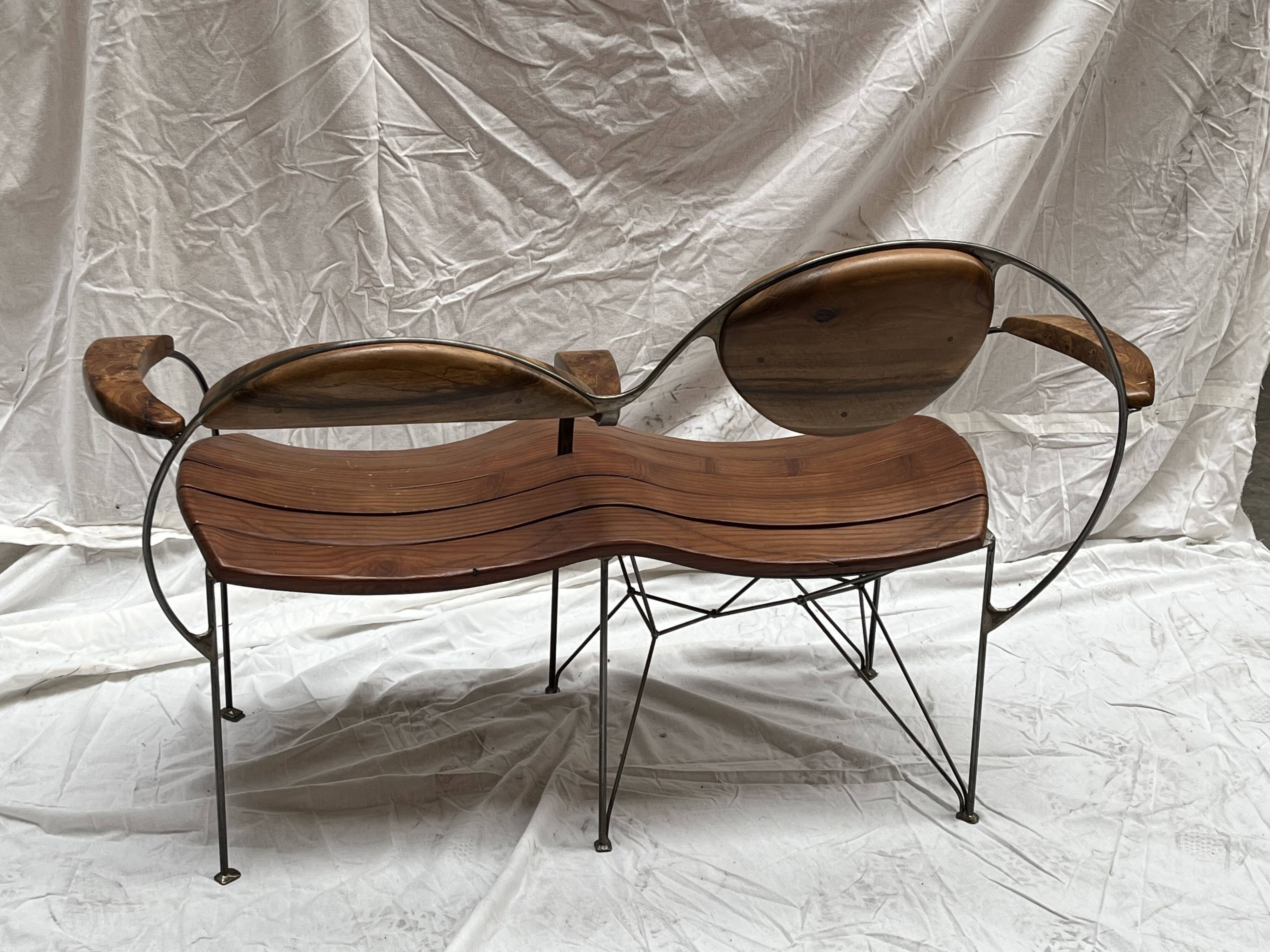 Contemporary double bench in wood and metal by Francis Veillerot (2004)
