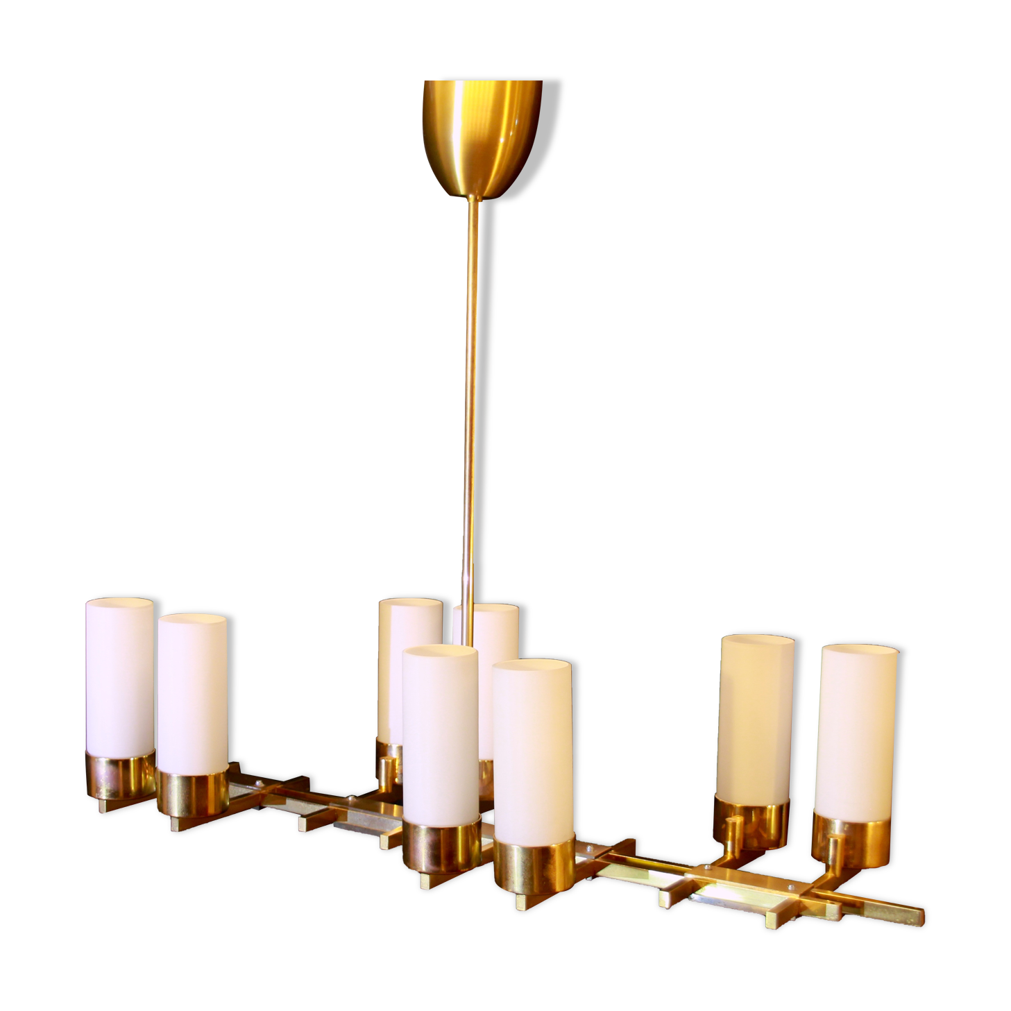 Mid-century, brass chandelier, height opalines, france