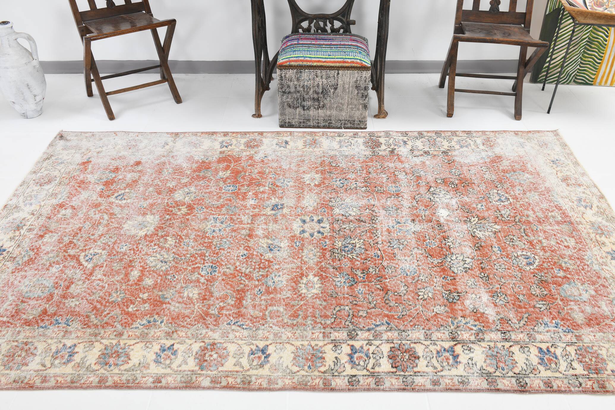 5x9 Pale Red & Blue Shabby Chic Vintage Turkish Rug, 151x259Cm SK5619