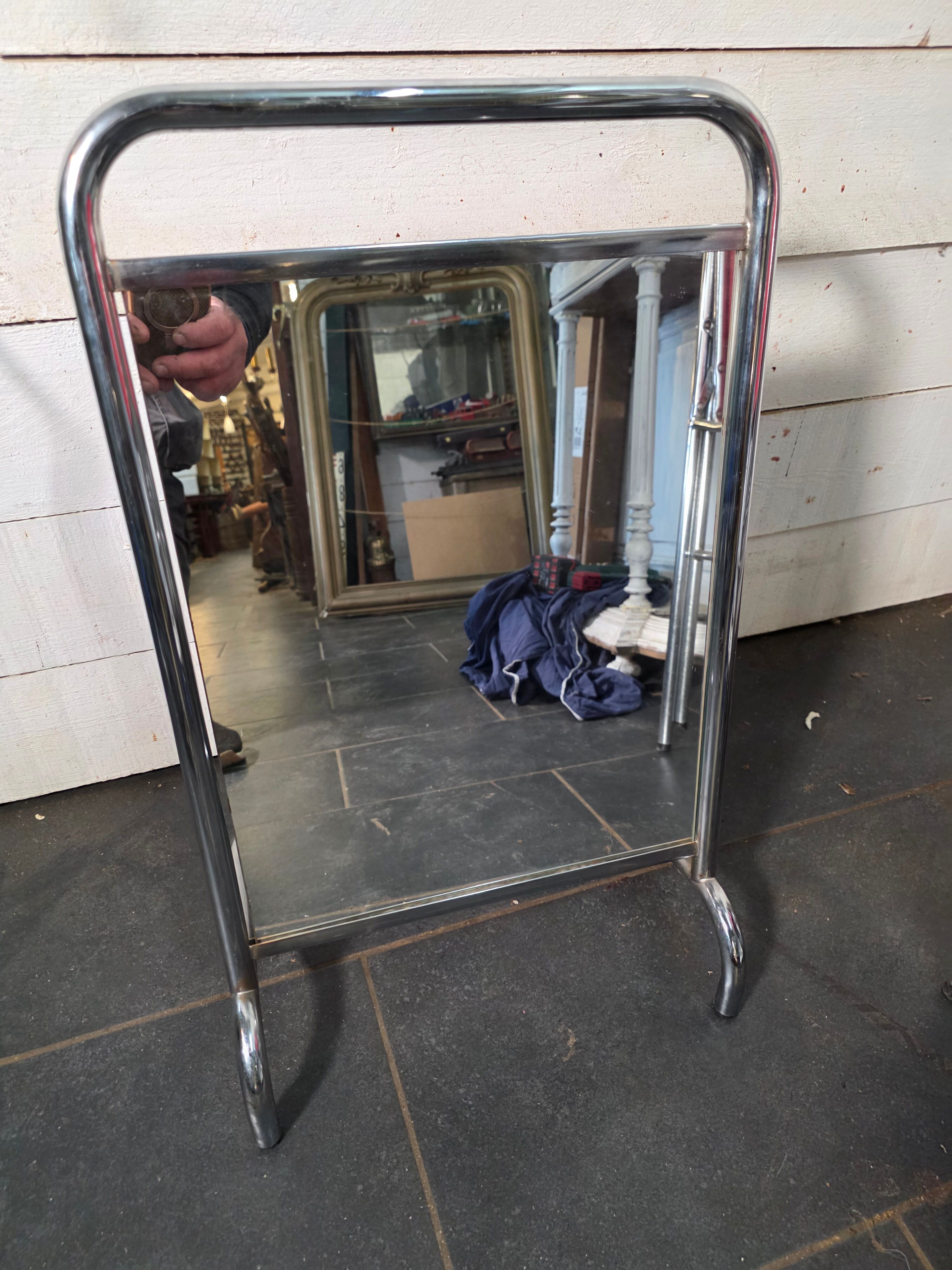 Chrome metal freestanding dressing mirror from the 1970s.