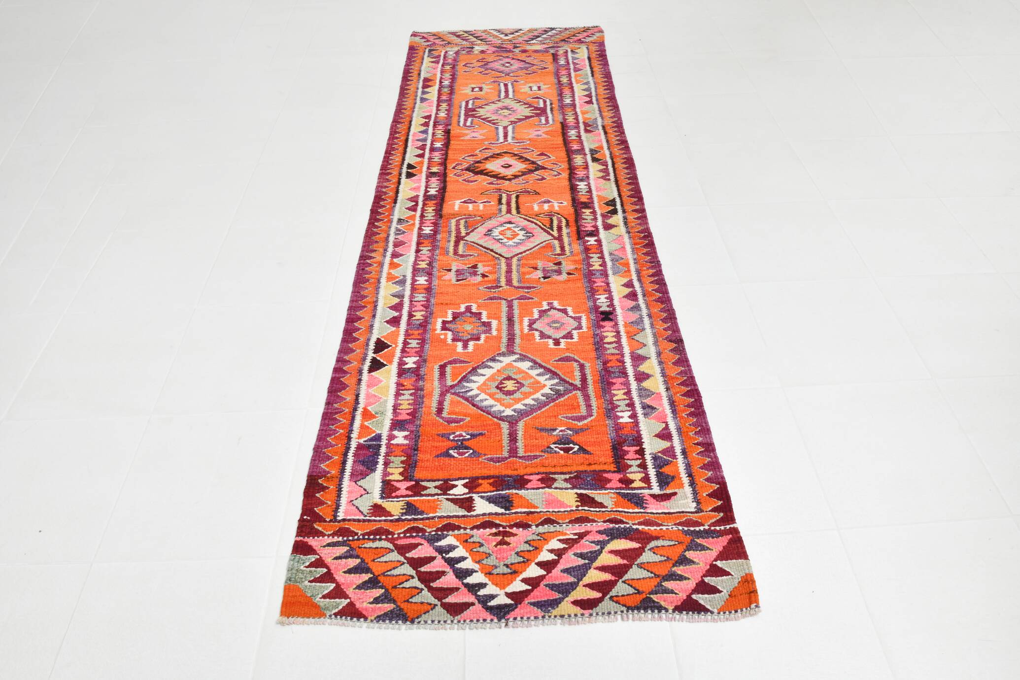 Burgundy & Orange Vintage Kilim Runner Rug, 92x292Cm