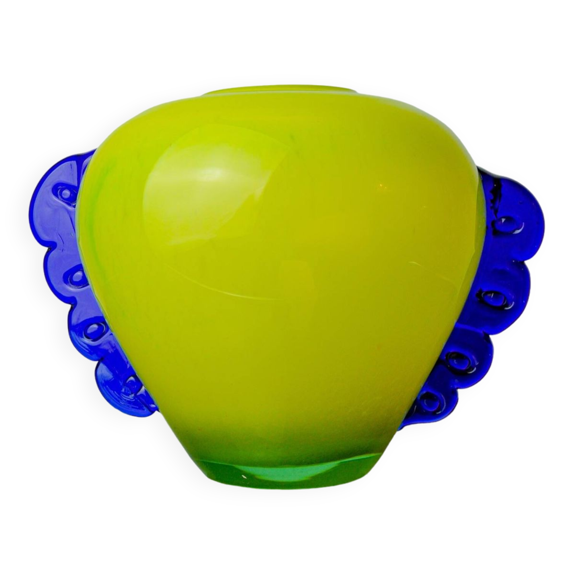 Vase Orecchio en verre de Murano, verre souflé jaune et bleu, Italie, 1970