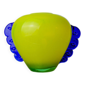 Vase Orecchio en verre de Murano, verre souflé jaune et bleu, Italie, 1970