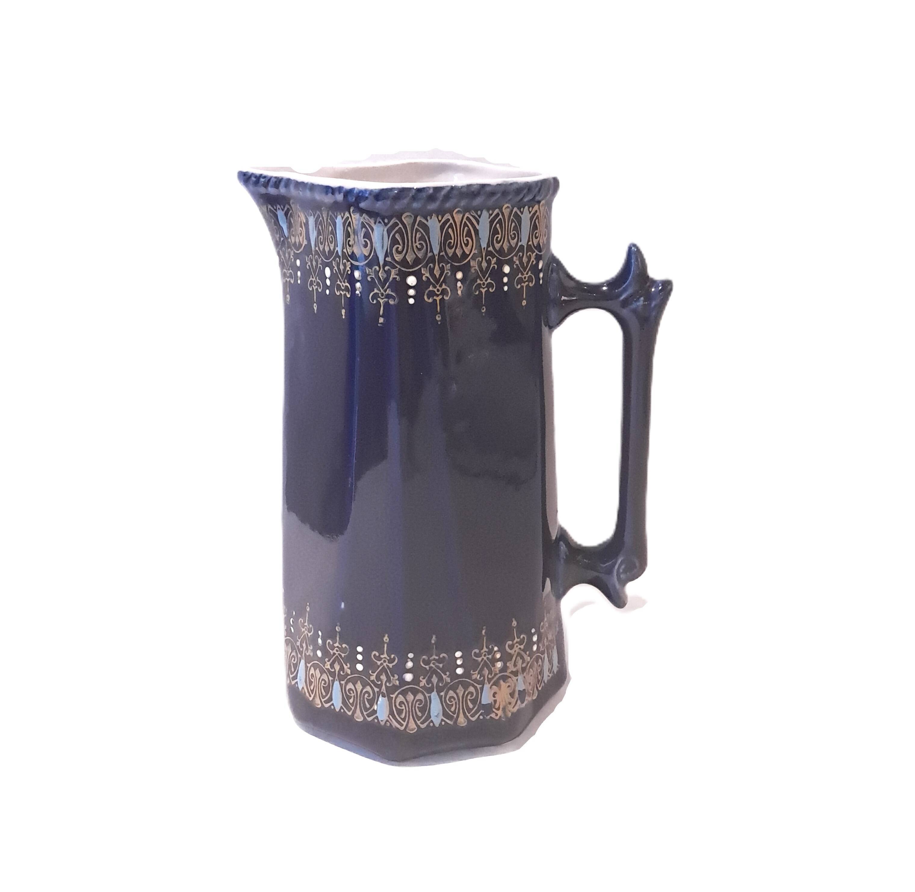 Antique Cobalt Blue Earthenware Jug With Enamelled Decor