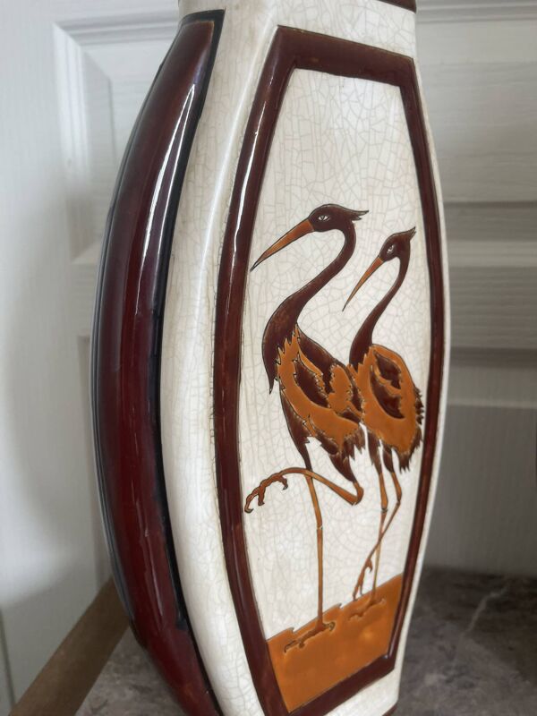 Paire de vases en céramique craquelée Art déco décor échassier Keralouve la Louvière