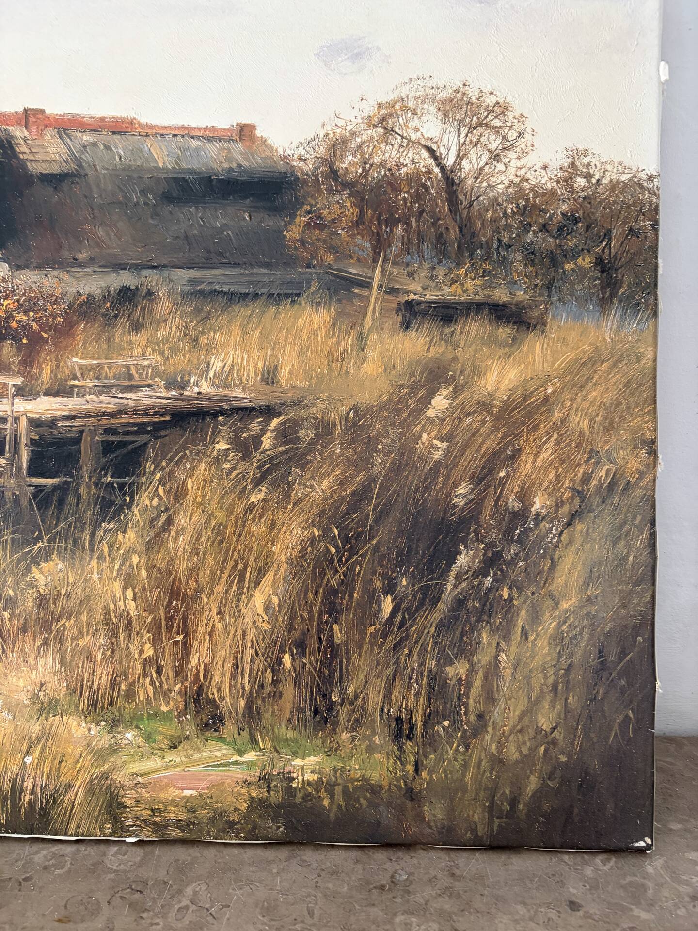 Village by the water, oil on paper signed