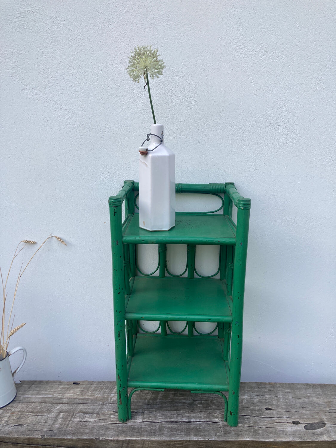 Vintage green rattan bedside table