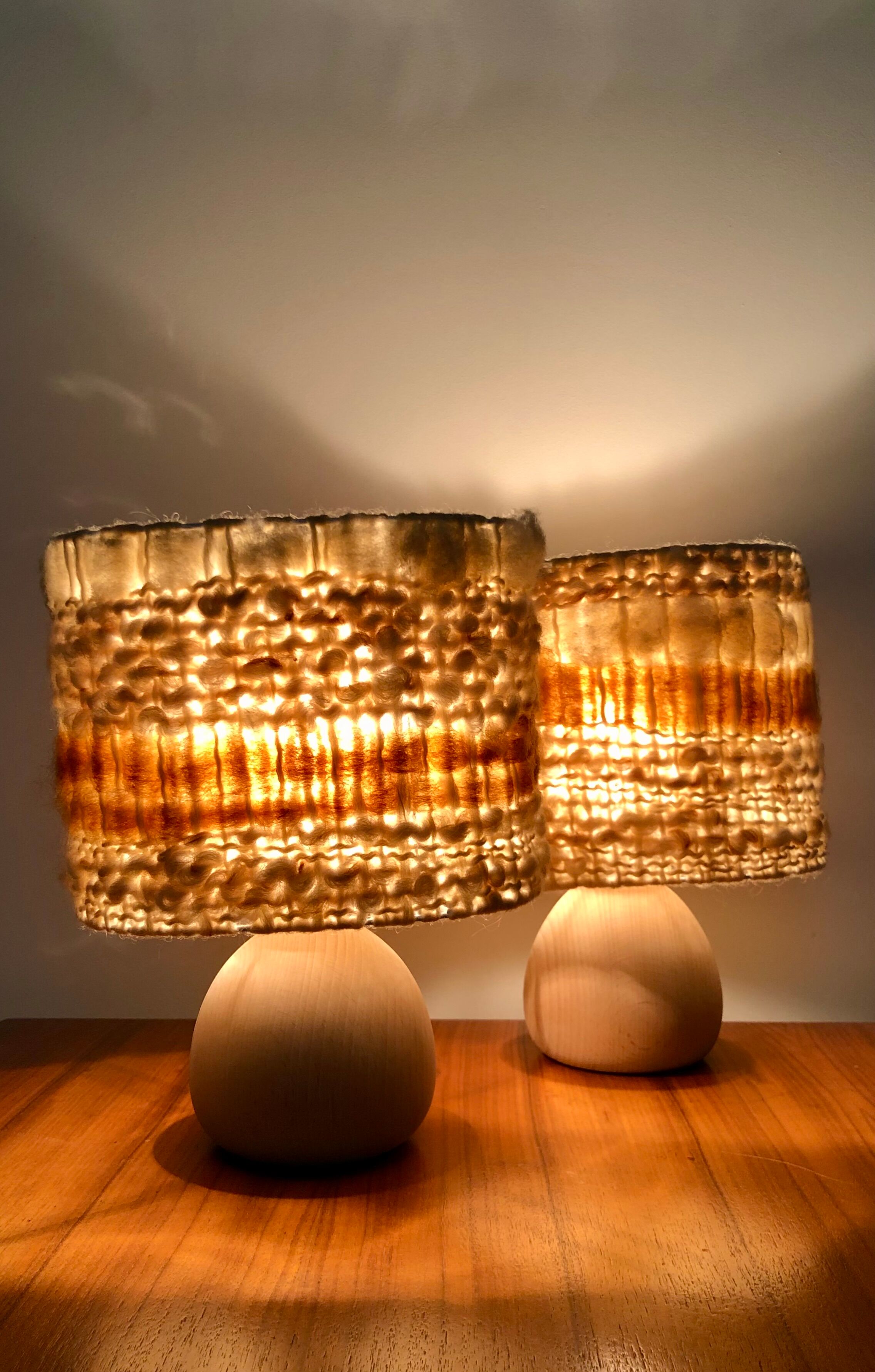 Vintage table lamps wood and wool, France 60s