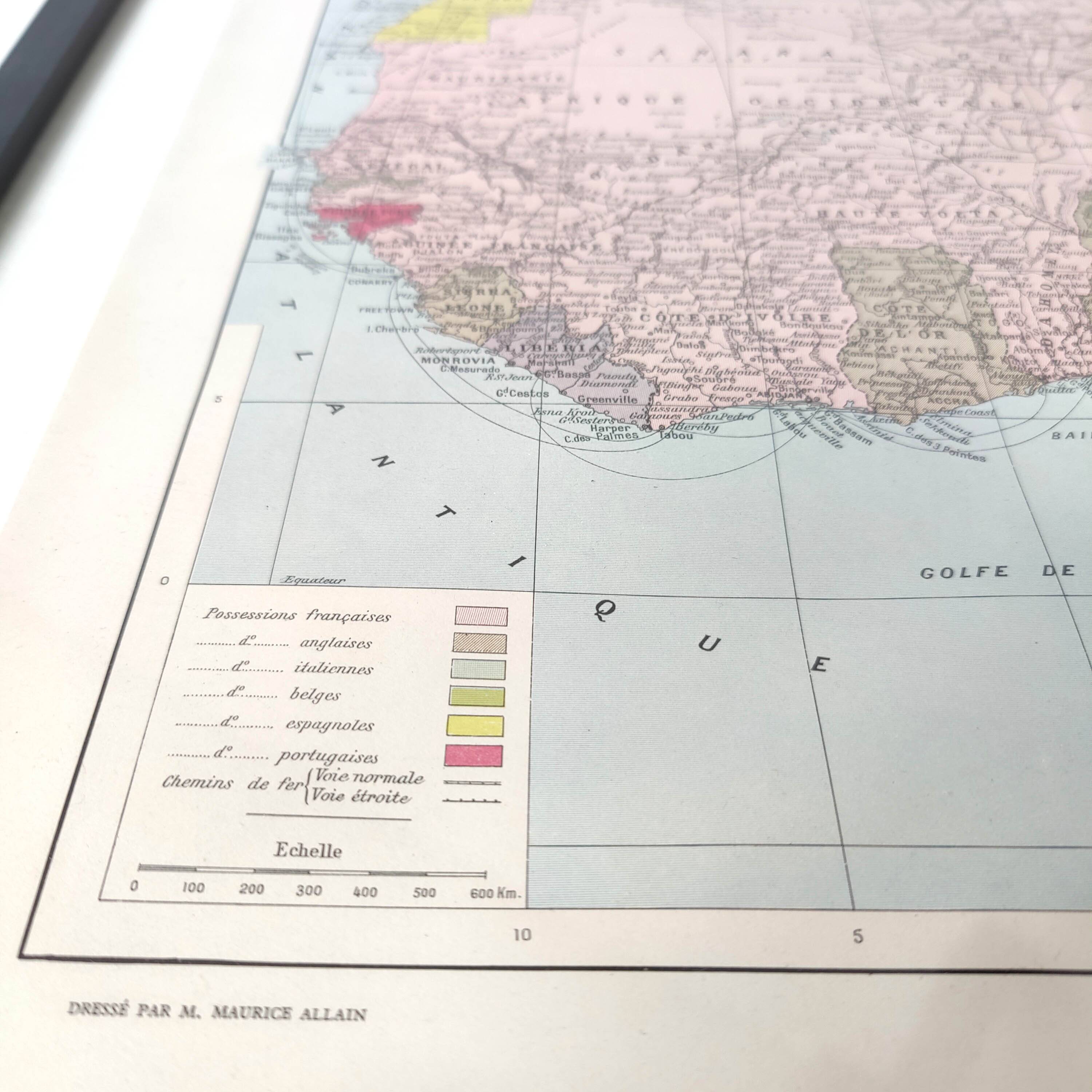 Antique map of French West and Equatorial Africa in 1950 43x43cm
