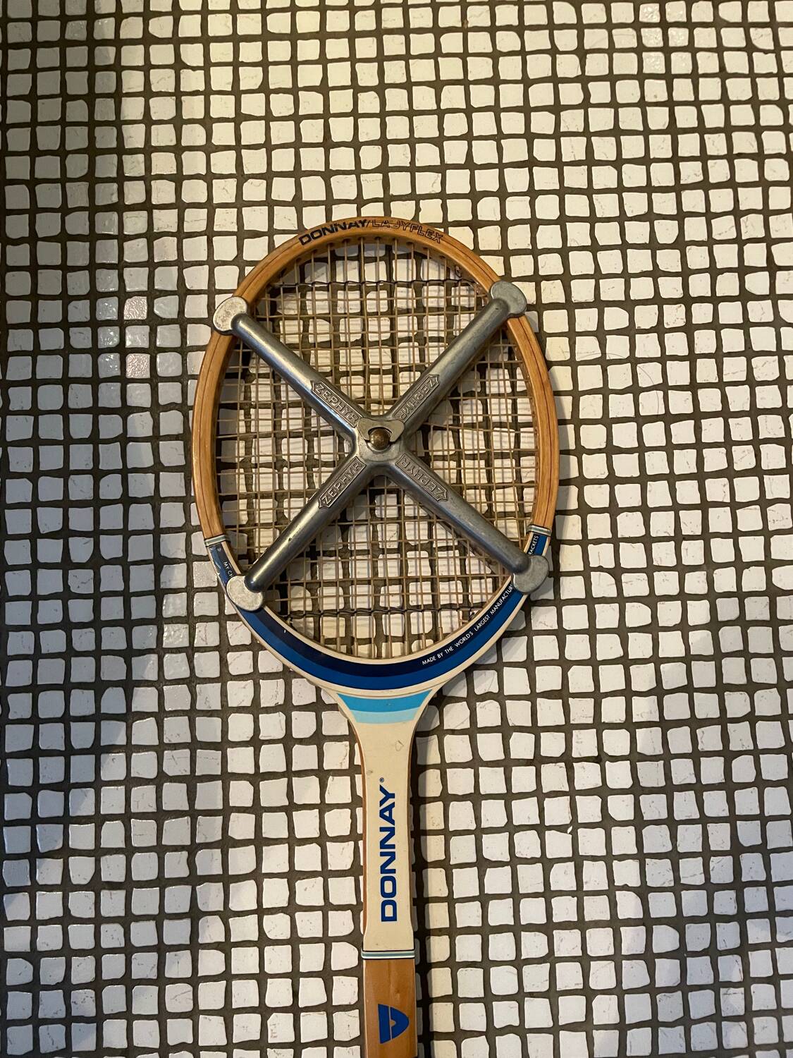 Vintage Zephir wooden tennis racket with metal protection