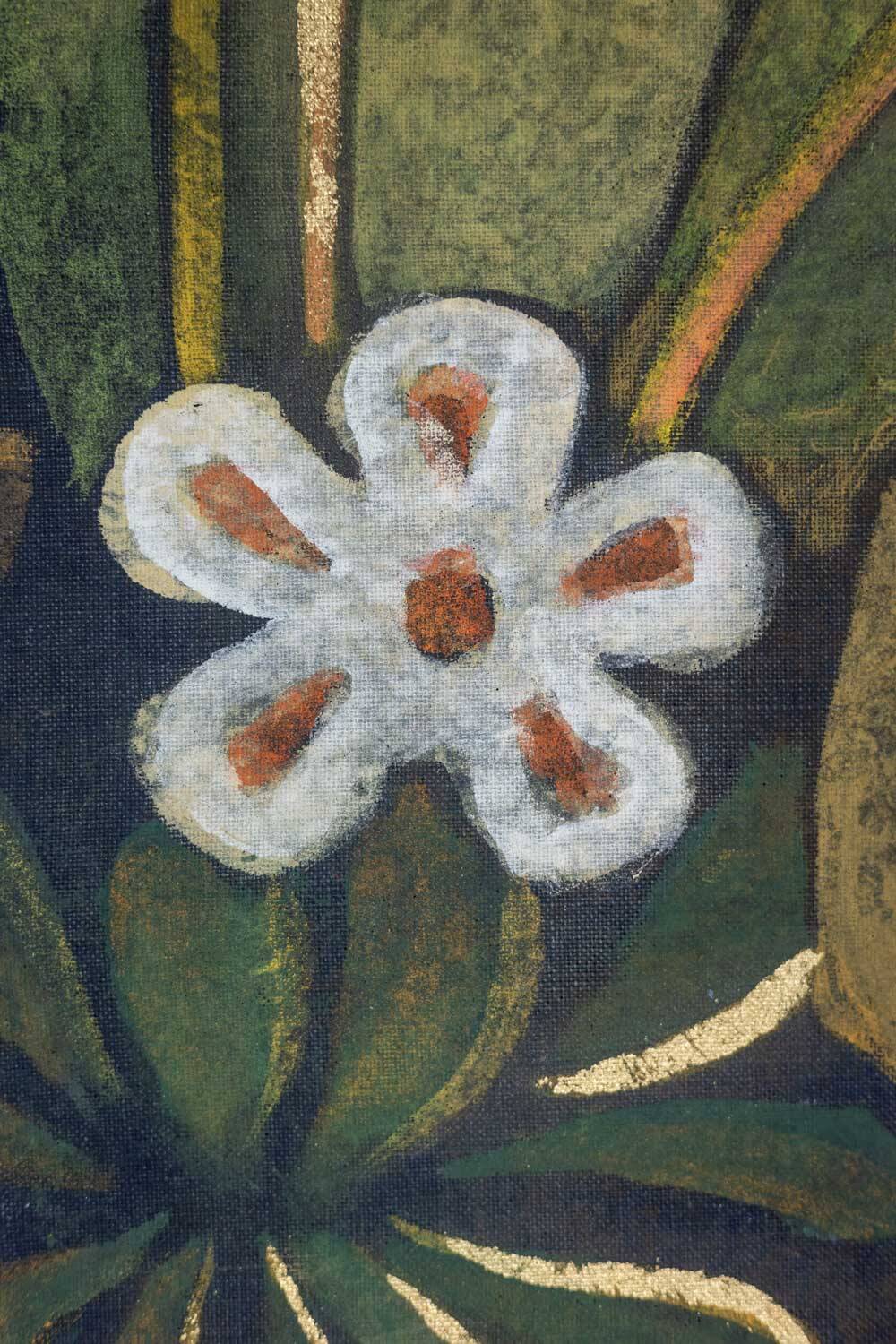 Painted canvas depicting a marmoset on a floral background. Contemporary.