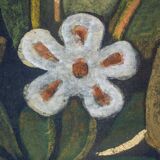 Painted canvas depicting a marmoset on a floral background. Contemporary.