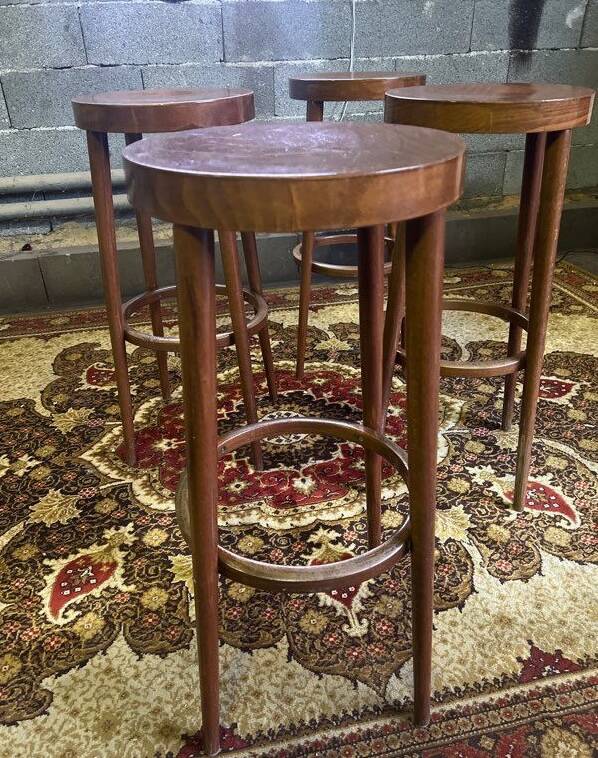 4 vintage Baumann bar stools in varnished beech - 1950s/1960s