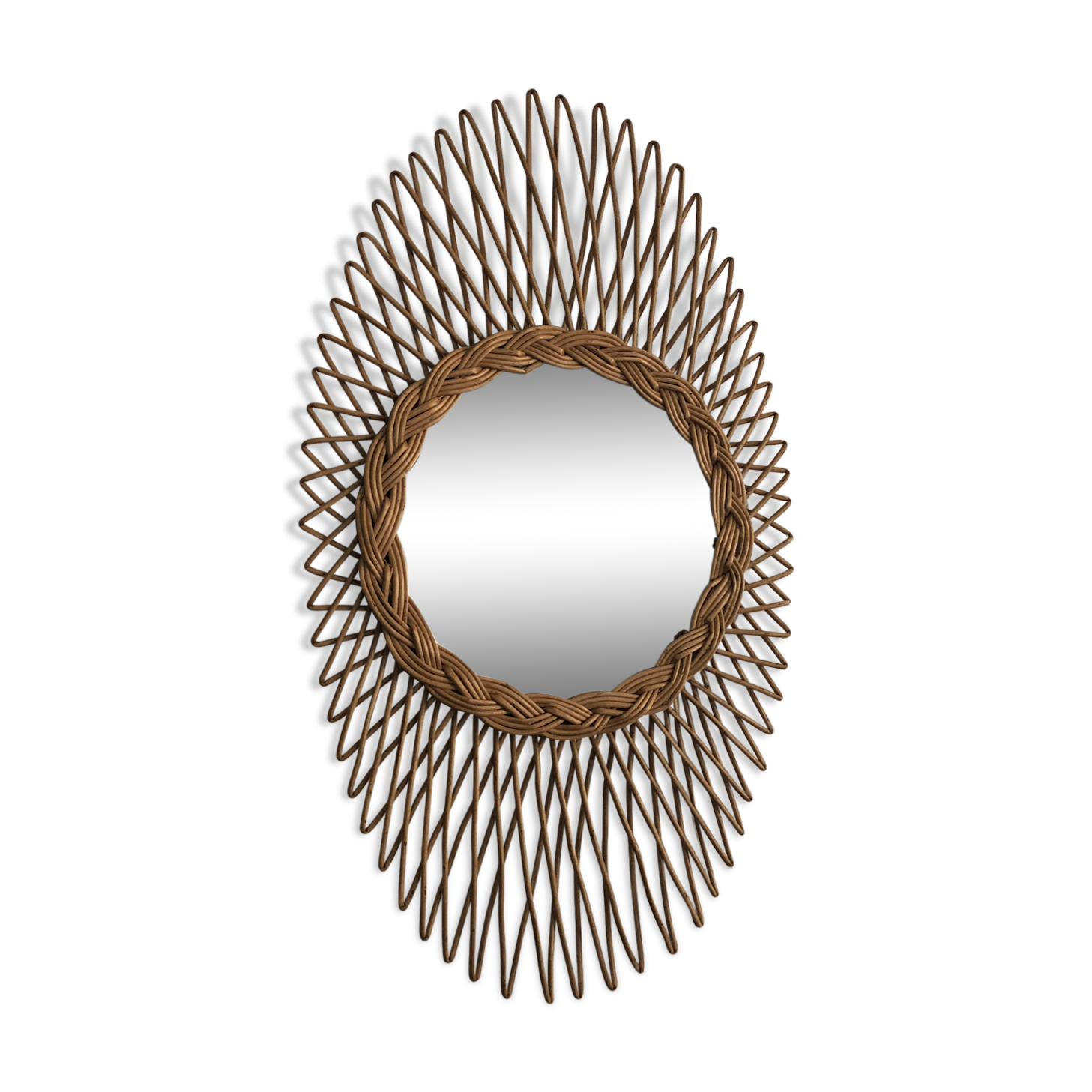 Miroir soleil rotin ovale vintage 1960 52 x 30 cm