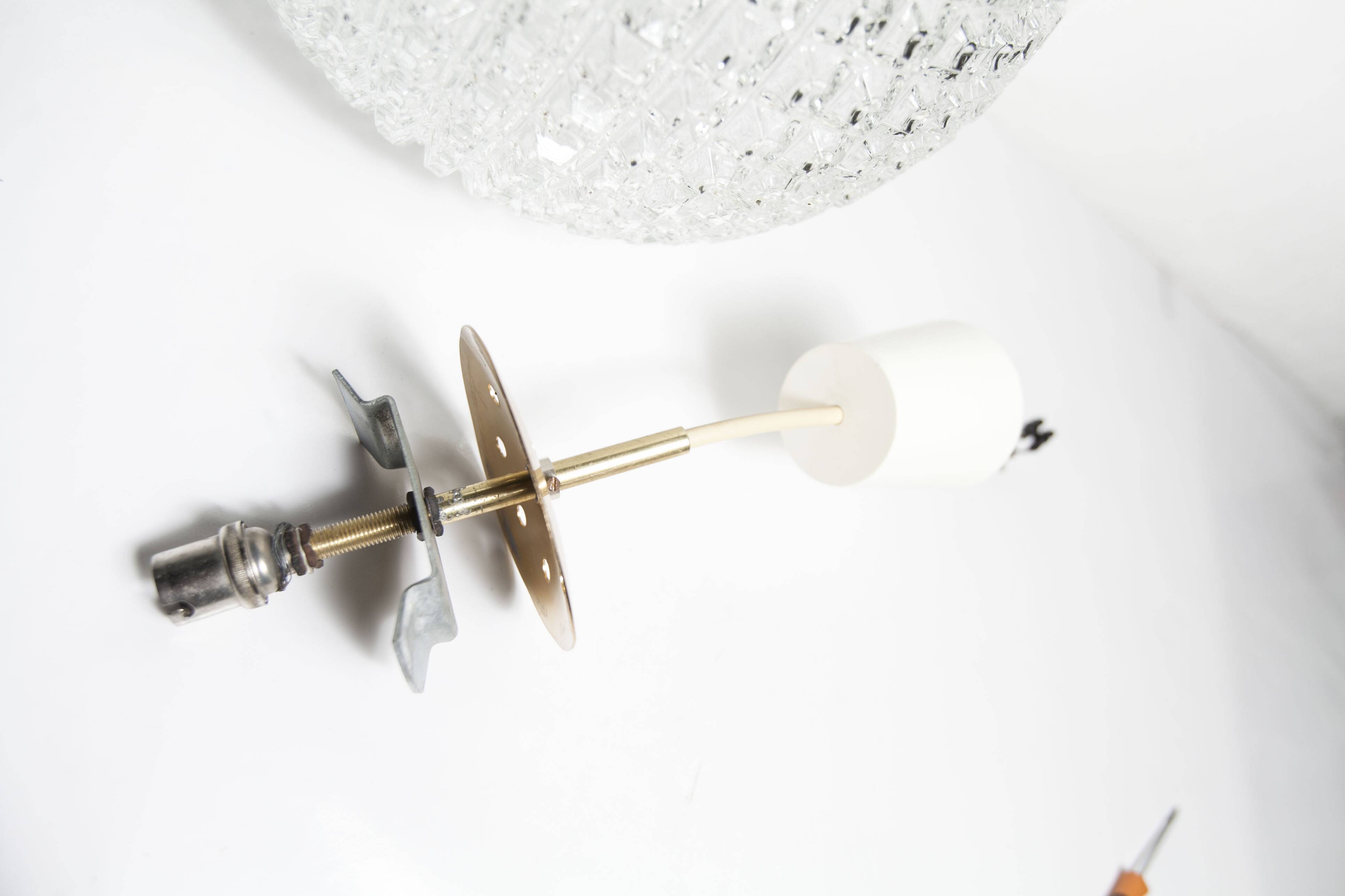 1960s Holophane Ball Pendant Chandelier, Thick Glass, 30 cm, and Vintage Brass