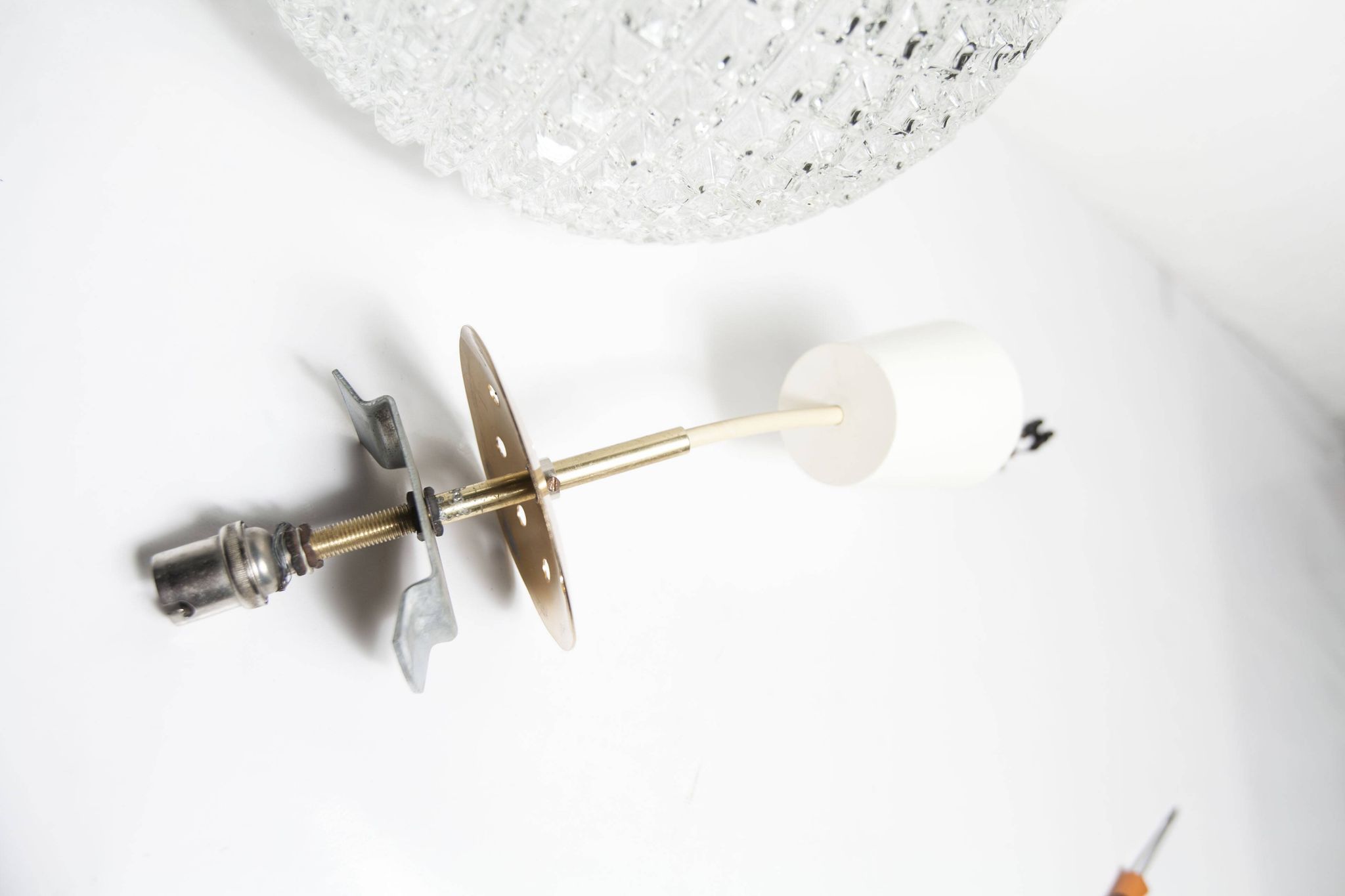 1960s Holophane Ball Pendant Chandelier, Thick Glass, 30 cm, and Vintage Brass