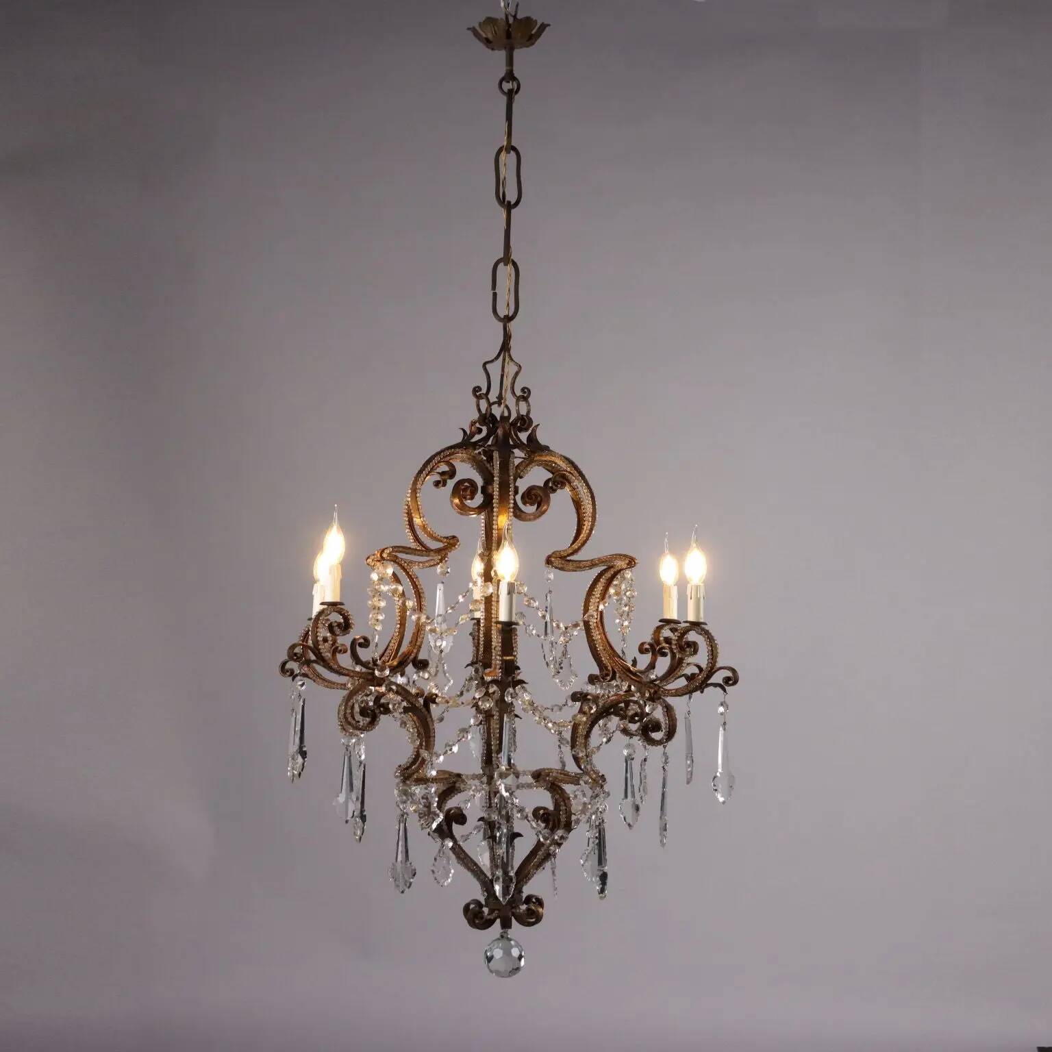 Antique 6-light wrought iron chandelier, Italy, 19th century