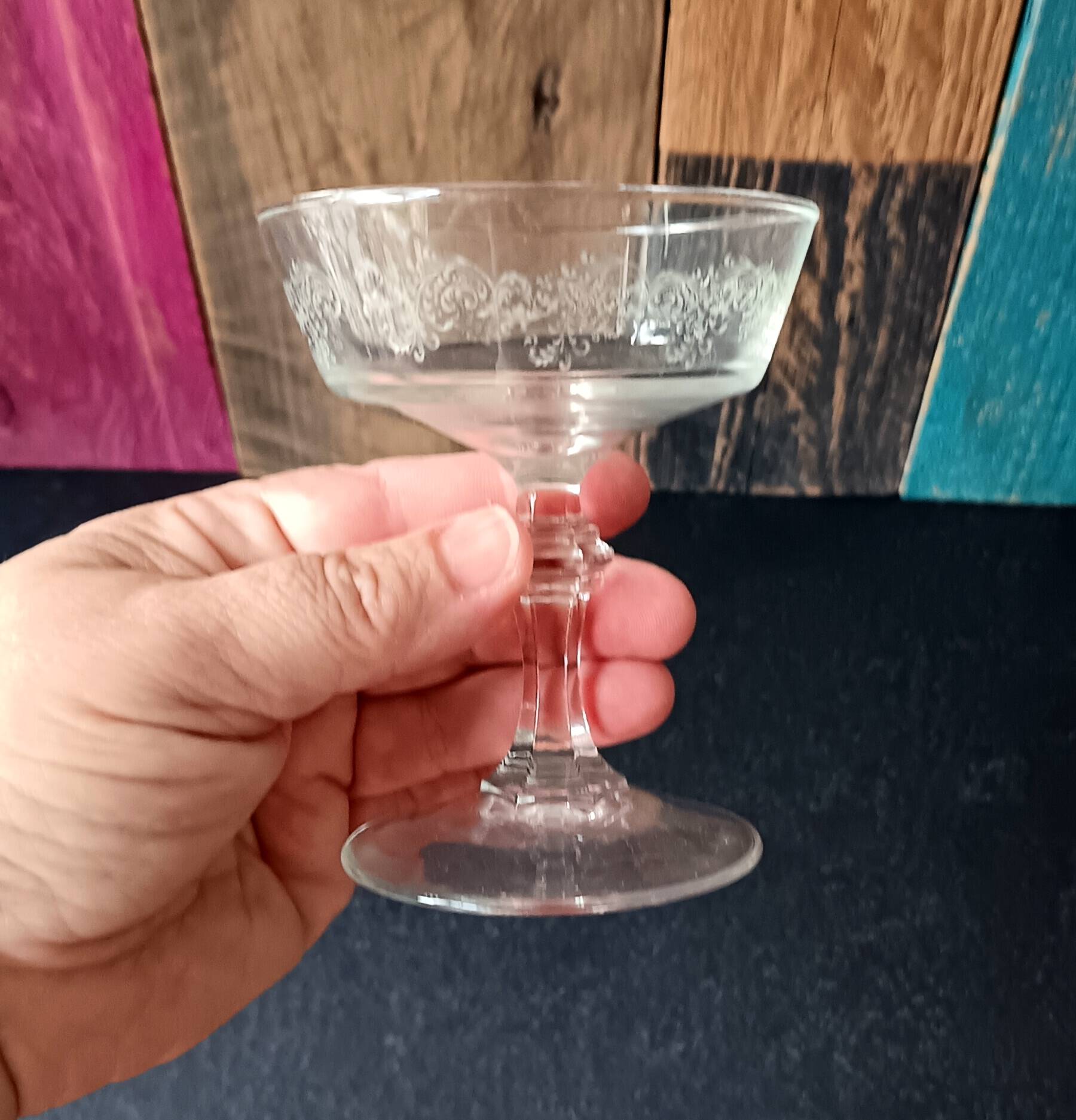 6 champagne coupes, vintage glass coupes