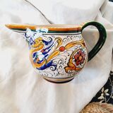 Majolica ceramic jug by R. Deruta, Italy, hand-painted, with a long spout.  Decorated with a dragon tree