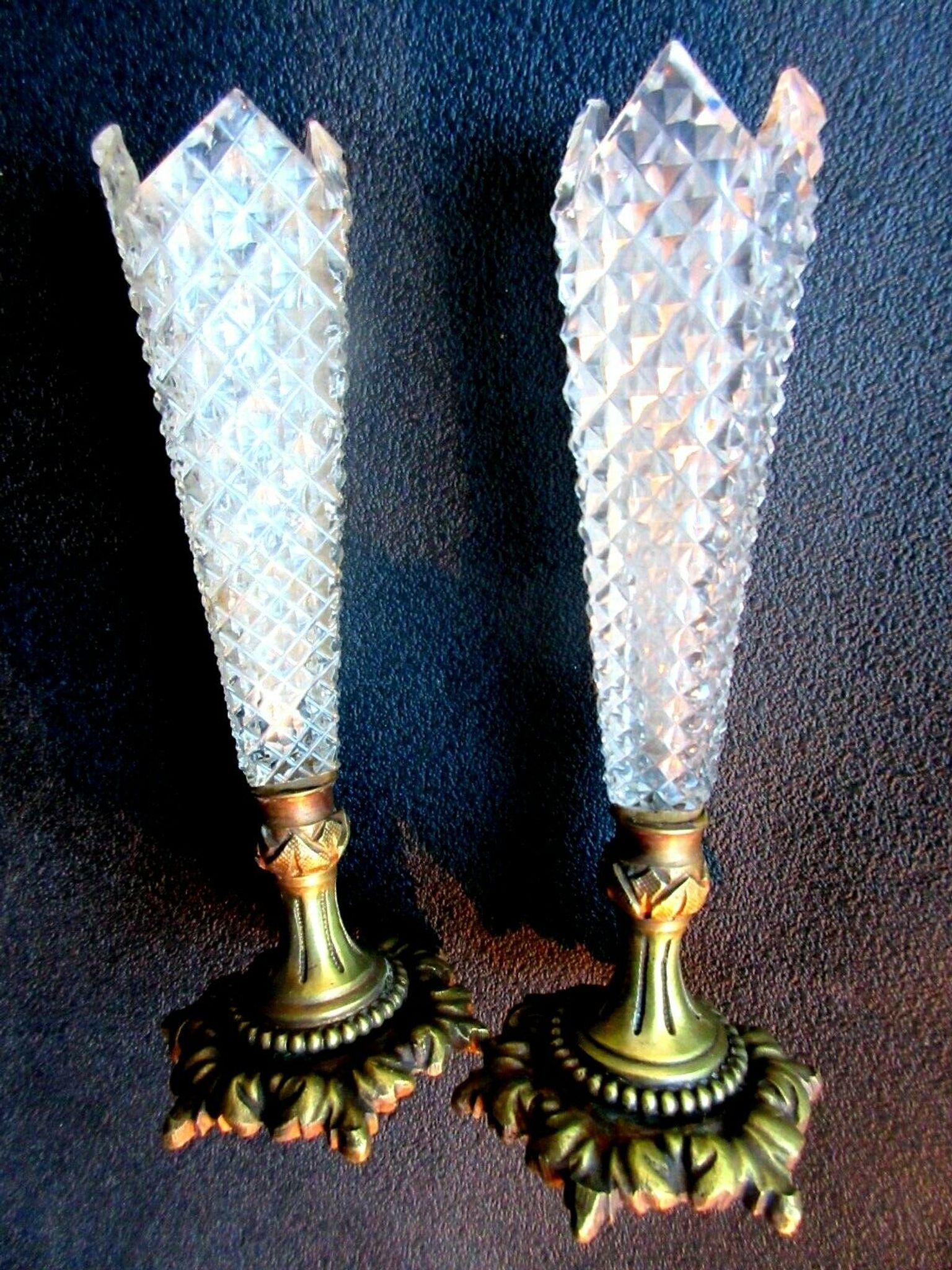 Duo of crystal vases Baccarat Le Creusot, carnation holder, bronze foot