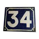 Vintage blue and white enamel plate number 34