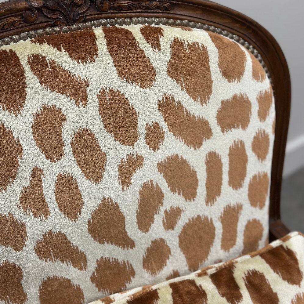 Pair of Louis XV style armchairs in giraffe velvet upholstery, France, 1950s