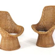 Set of 2 vintage rattan wicker armchairs with white teddy fabric