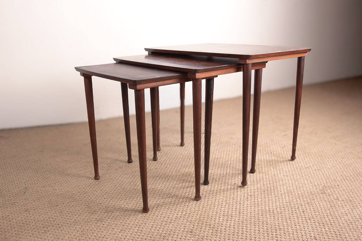 Three Danish nesting tables in rosewood by Mobelintersia 1960.